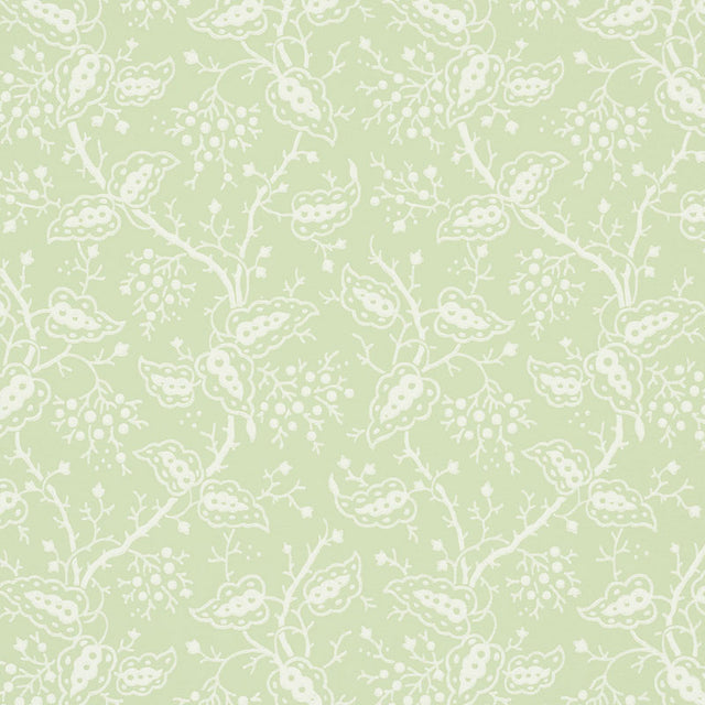Darby Leaf wallpaper by Schumacher, a surface-printed climbing-vine botanical pattern in light green and white.