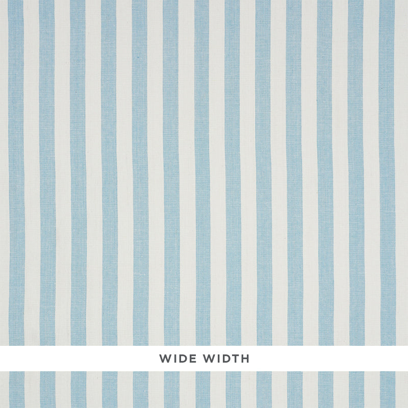 Linen Stripe Sky blue and white wide awning stripe textured wallpaper by Schumacher