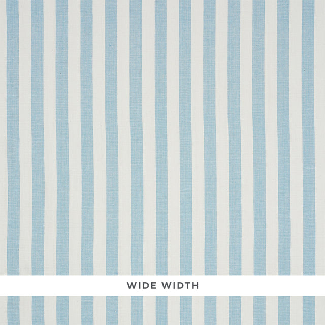 Linen Stripe Sky blue and white wide awning stripe textured wallpaper by Schumacher