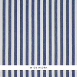Linen Stripe Indigo wide-width wallpaper with vertical blue and white stripes, Schumacher 5010254