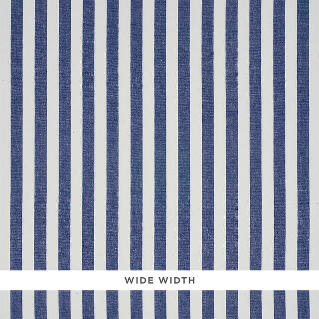 Linen Stripe Indigo wide-width wallpaper with vertical blue and white stripes, Schumacher 5010254