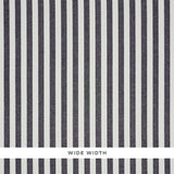 Linen Stripe black and white wide awning stripe wallpaper by Schumacher, elegant silk and linen weave, close-up and full pattern view.