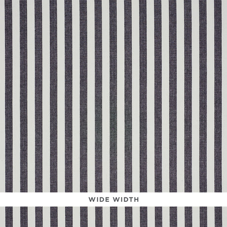 Linen Stripe black and white wide awning stripe wallpaper by Schumacher, elegant silk and linen weave, close-up and full pattern view.