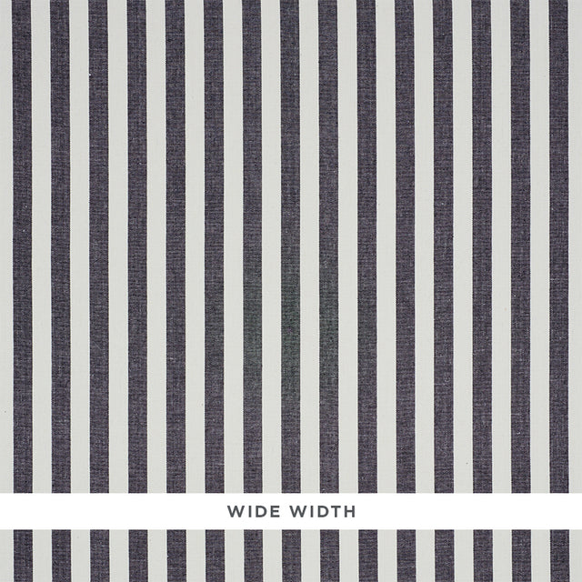 Linen Stripe black and white wide awning stripe wallpaper by Schumacher, elegant silk and linen weave, close-up and full pattern view.