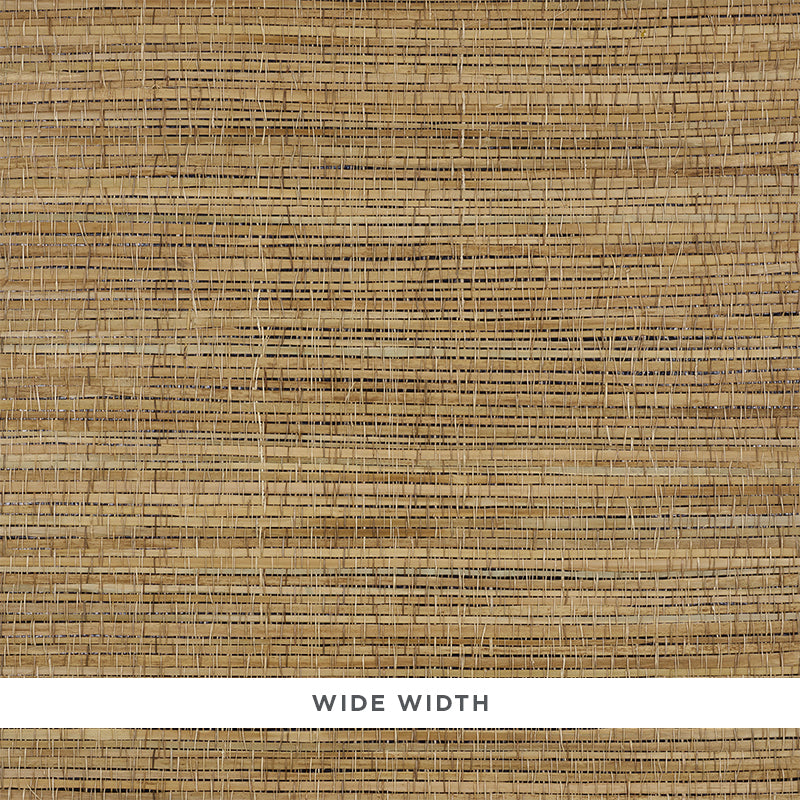 Palm Weave natural grasscloth wallcovering with handwoven palm fibers in a natural tan colorway, wide width, by Schumacher.