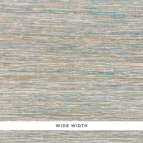 Close-up of Schumacher Metallized Flax wallpaper in Peacock, showing textured flax yarns with a metallic finish.