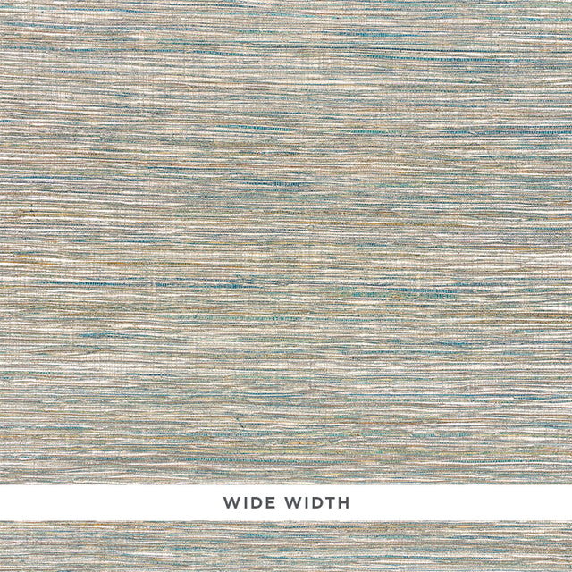 Close-up of Schumacher Metallized Flax wallpaper in Peacock, showing textured flax yarns with a metallic finish.