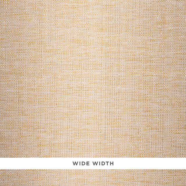 Close-up of Schumacher Metal Paperweave wallpaper in Sand, showing its tweedy, metallic woven texture.
