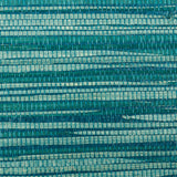 Close-up and full panel view of Dyed Raffia Peacock textured wallcovering by Schumacher, featuring woven raffia fibers in blue-green tones.