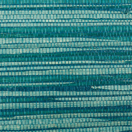 Close-up and full panel view of Dyed Raffia Peacock textured wallcovering by Schumacher, featuring woven raffia fibers in blue-green tones.