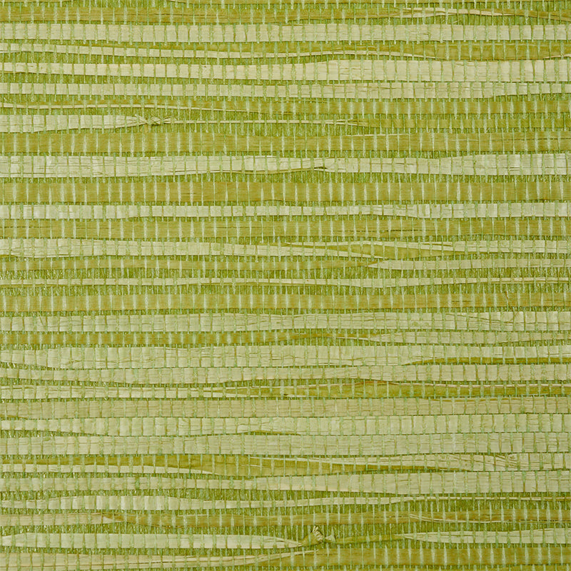 Dyed Raffia Leaf green textured wallcovering by Schumacher, woven raffia fibers with irregular stripe effect.