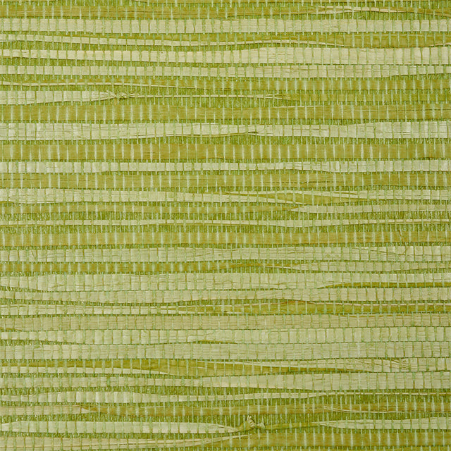 Dyed Raffia Leaf green textured wallcovering by Schumacher, woven raffia fibers with irregular stripe effect.