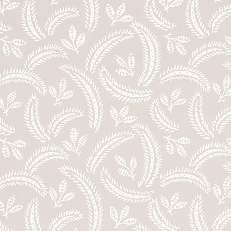 Delia Dove botanical wallpaper by Schumacher, featuring a softly graphic leaf and frond pattern in a neutral colorway.