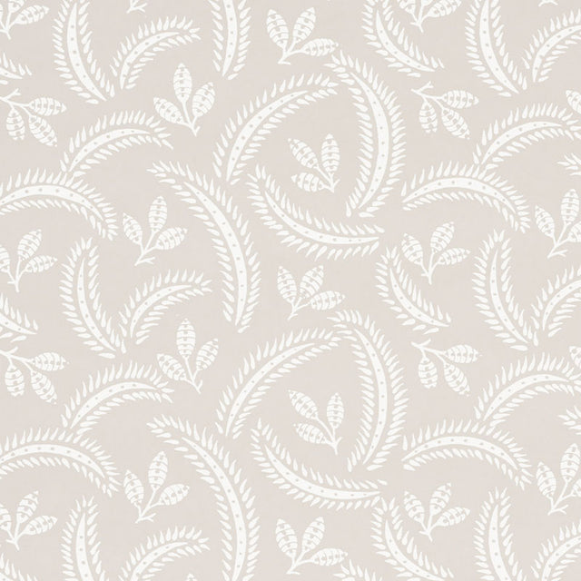 Delia Dove botanical wallpaper by Schumacher, featuring a softly graphic leaf and frond pattern in a neutral colorway.