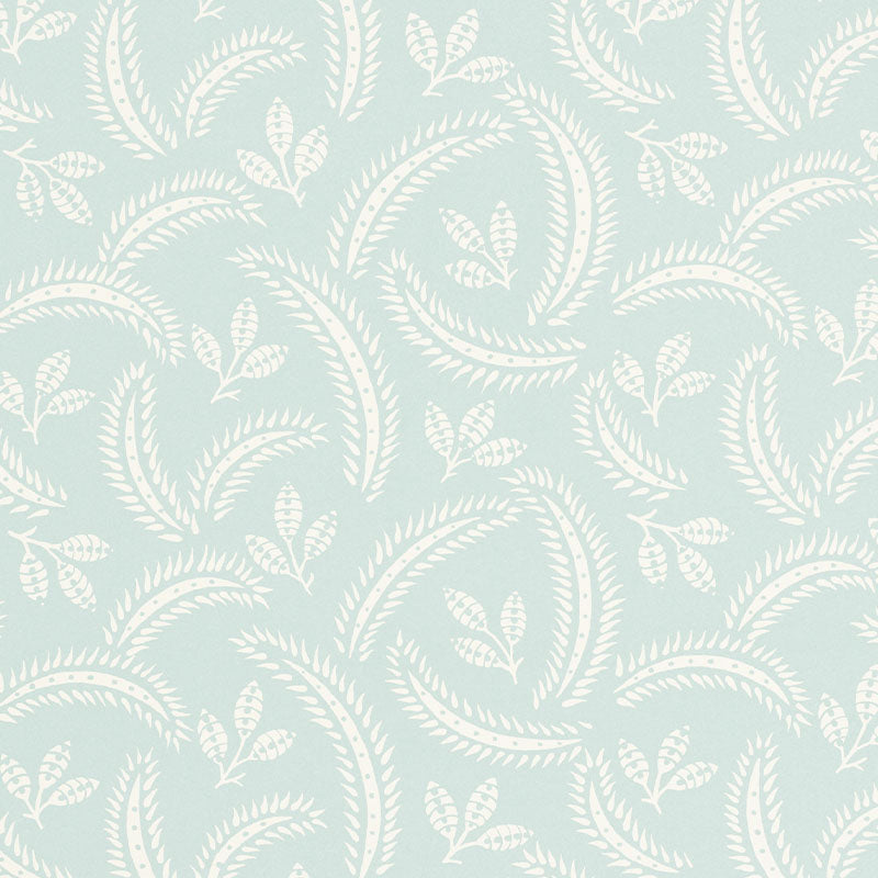 Delia Sky botanical wallpaper by Schumacher, featuring a softly graphic leaf and frond pattern in light blue and white.