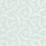 Delia Sky botanical wallpaper by Schumacher, featuring a softly graphic leaf and frond pattern in light blue and white.