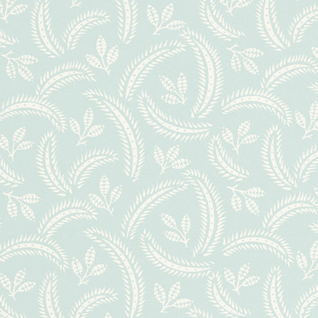 Delia Sky botanical wallpaper by Schumacher, featuring a softly graphic leaf and frond pattern in light blue and white.
