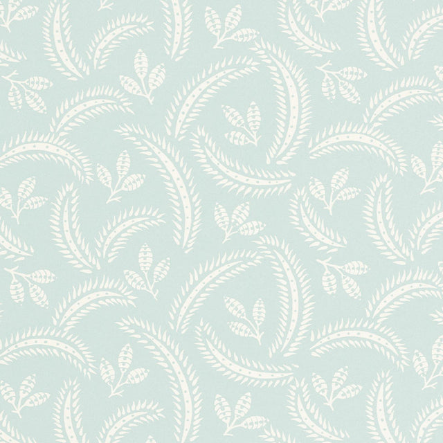 Delia Sky botanical wallpaper by Schumacher, featuring a softly graphic leaf and frond pattern in light blue and white.