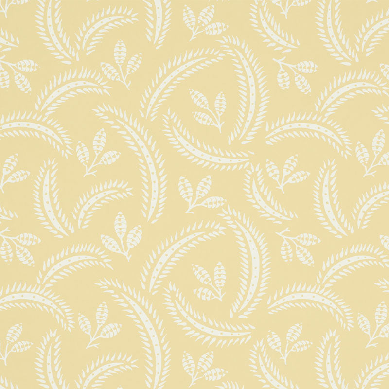 Delia Buttercup botanical wallpaper by Schumacher, featuring a hand-blocked French-inspired leaf and frond pattern in soft yellow and white.