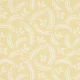 Delia Buttercup botanical wallpaper by Schumacher, featuring a hand-blocked French-inspired leaf and frond pattern in soft yellow and white.