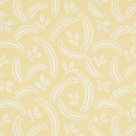 Delia Buttercup botanical wallpaper by Schumacher, featuring a hand-blocked French-inspired leaf and frond pattern in soft yellow and white.