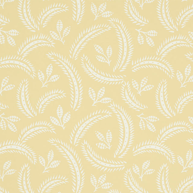 Delia Buttercup botanical wallpaper by Schumacher, featuring a hand-blocked French-inspired leaf and frond pattern in soft yellow and white.