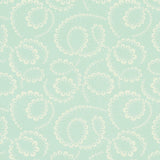 DORIAN Seafoam abstracted botanical swirl wallpaper by Schumacher, shown in a styled bedroom and close-up views.