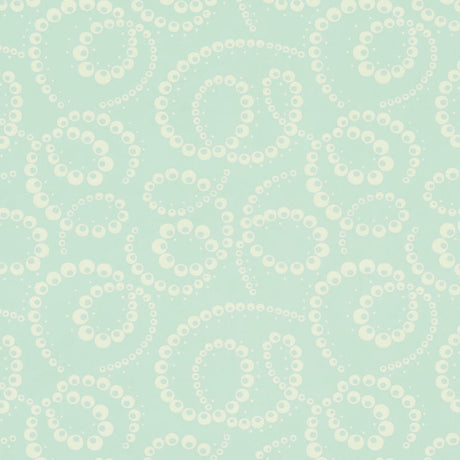 DORIAN Seafoam abstracted botanical swirl wallpaper by Schumacher, shown in a styled bedroom and close-up views.
