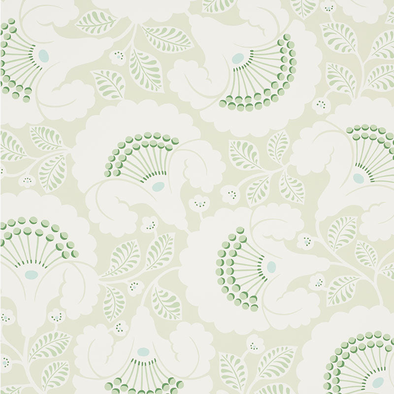 Jackie Leaf wallpaper by Schumacher features a contemporary Arts & Crafts floral motif in green and white tones.