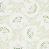 Jackie Leaf wallpaper by Schumacher features a contemporary Arts & Crafts floral motif in green and white tones.