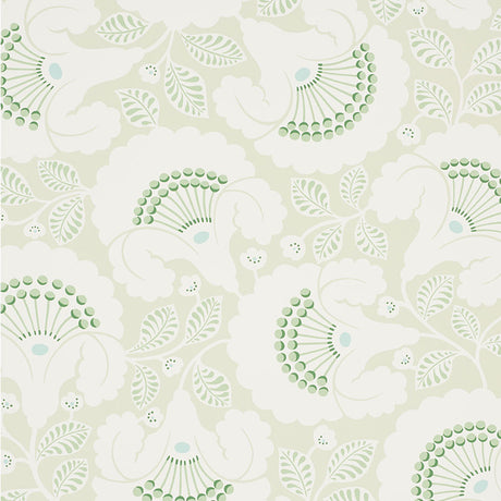 Jackie Leaf wallpaper by Schumacher features a contemporary Arts & Crafts floral motif in green and white tones.