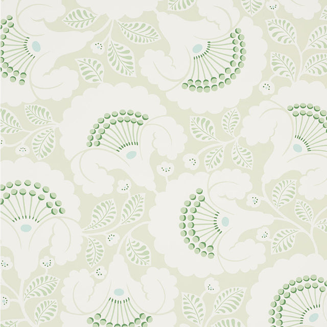 Jackie Leaf wallpaper by Schumacher features a contemporary Arts & Crafts floral motif in green and white tones.