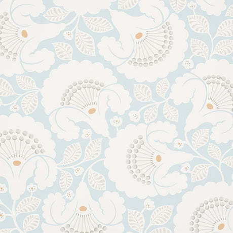 JACKIE wallpaper in Sky by Schumacher features a contemporary Arts & Crafts floral motif in blue and white.