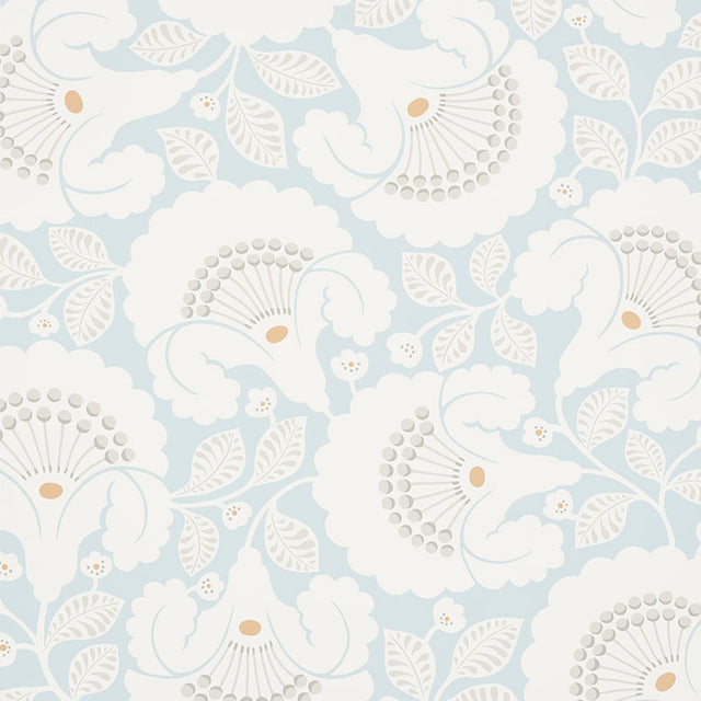 JACKIE wallpaper in Sky by Schumacher features a contemporary Arts & Crafts floral motif in blue and white.