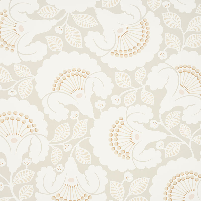 JACKIE wallpaper in neutral colorway with a graphically silhouetted floral motif and contemporary Arts & Crafts feel by Schumacher.