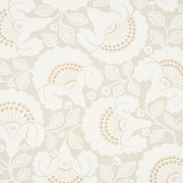 JACKIE wallpaper in neutral colorway with a graphically silhouetted floral motif and contemporary Arts & Crafts feel by Schumacher.