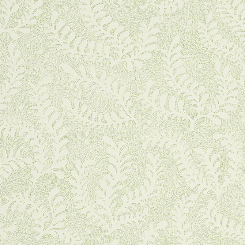 Etched Fern Leaf wallpaper in a soft green leaf colorway with a delicate fern motif, shown in a styled bedroom setting.
