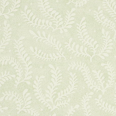 Etched Fern Leaf wallpaper in a soft green leaf colorway with a delicate fern motif, shown in a styled bedroom setting.