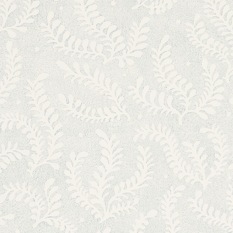 Etched Fern wallpaper in Sky by Schumacher, featuring a delicate fern motif in soft blue and white.