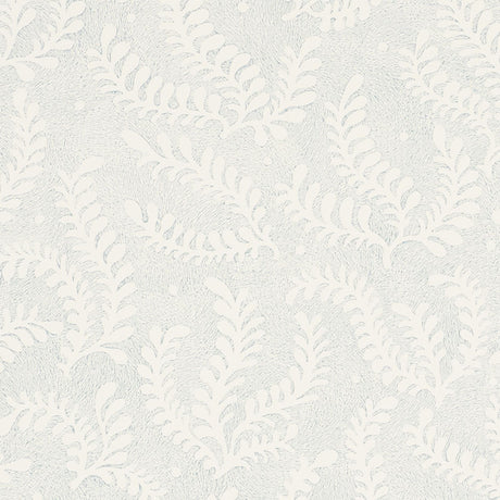 Etched Fern wallpaper in Sky by Schumacher, featuring a delicate fern motif in soft blue and white.