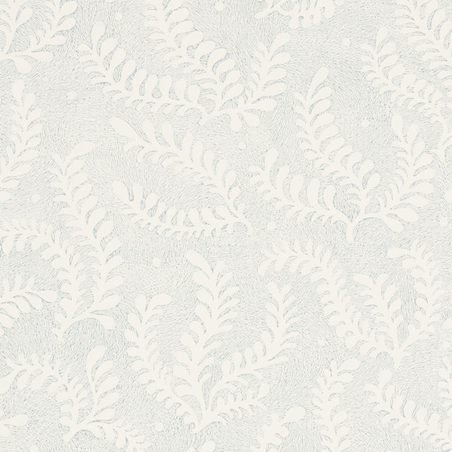 Etched Fern wallpaper in Sky by Schumacher, featuring a delicate fern motif in soft blue and white.
