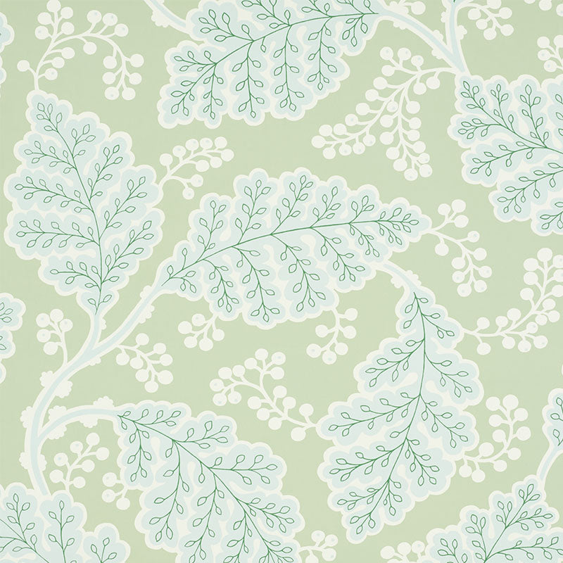 Estelle wallpaper in green by Schumacher, featuring bold stylized floral pattern in a contemporary Arts & Crafts style.