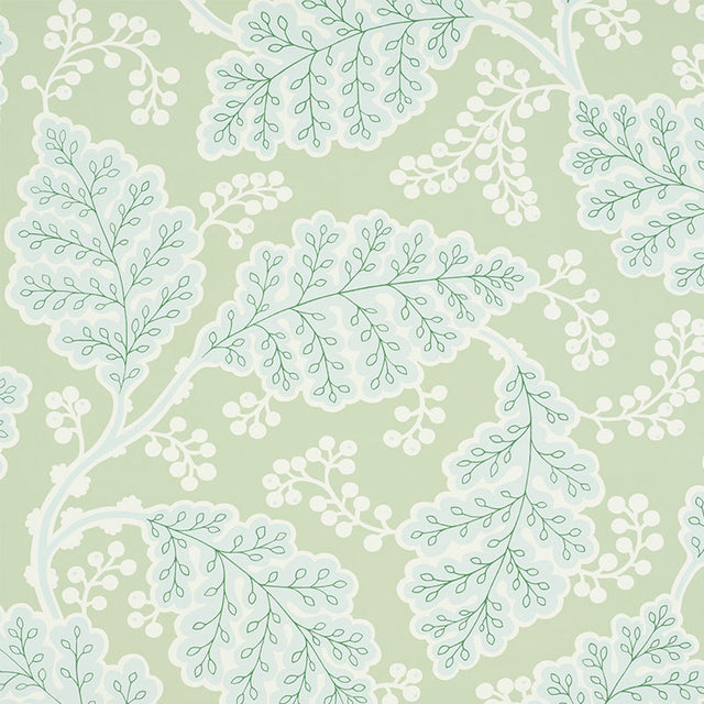 Estelle wallpaper in green by Schumacher, featuring bold stylized floral pattern in a contemporary Arts & Crafts style.