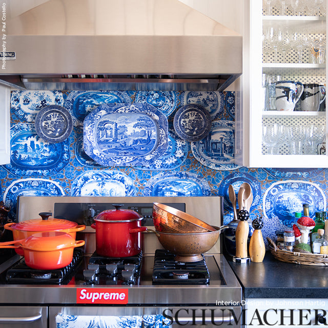 Plates & Platters Blue by Johnson Hartig Trompe L'oeil Wallpaper – Schumacher 5010410