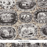Plates & Platters trompe l'oeil wallpaper by Johnson Hartig for Schumacher, featuring transferware serving dishes on a marbleized neutral background.