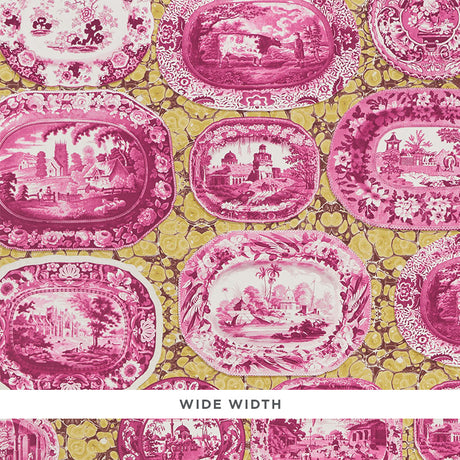 Plates & Platters wallpaper in magenta and yellow by Johnson Hartig for Schumacher, featuring trompe l'oeil transferware serving dishes on a marbleized background.