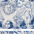 Modern Toile Indigo wallpaper by Johnson Hartig for Schumacher, featuring a large-scale, Renaissance-inspired mystical scene in blue and white.