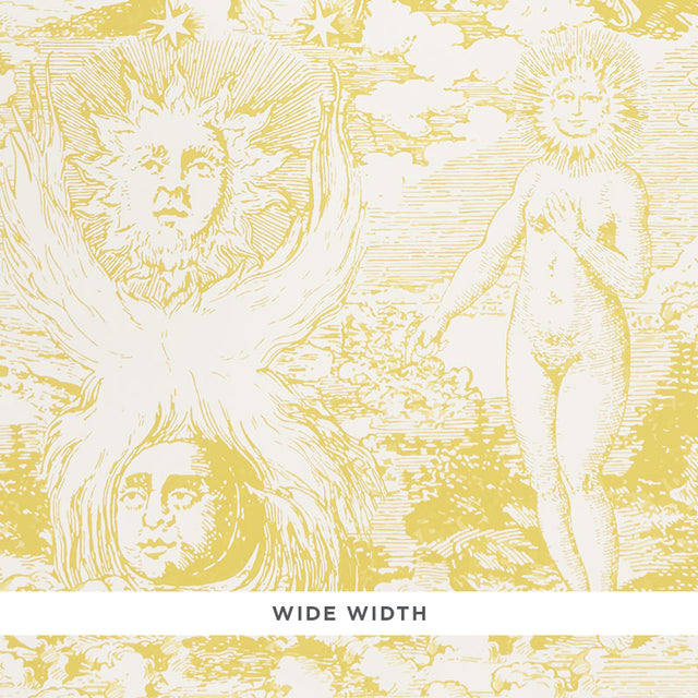 Modern Toile wallpaper in yellow by Johnson Hartig for Schumacher, featuring a large-scale Renaissance-inspired mystical design.