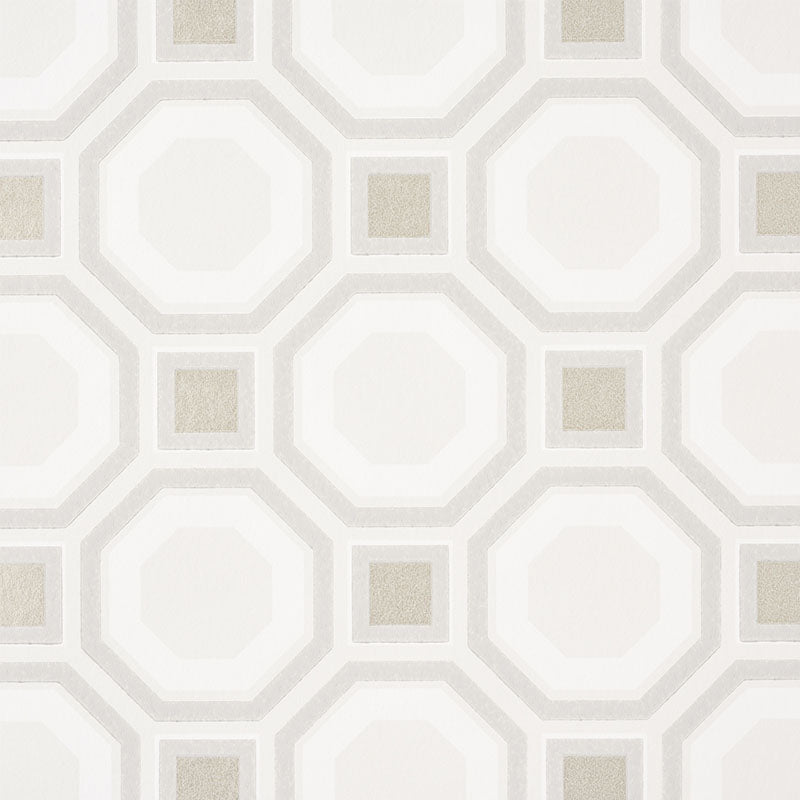 HANOVER Quartz geometric lattice wallpaper by Schumacher, Step Lively Collection, non-woven material, modern octagonal and square pattern in neutral tones.