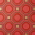 HANOVER Ruby geometric lattice wallpaper by Schumacher, bold red and gold octagonal and square pattern, surface-printed for rich depth.